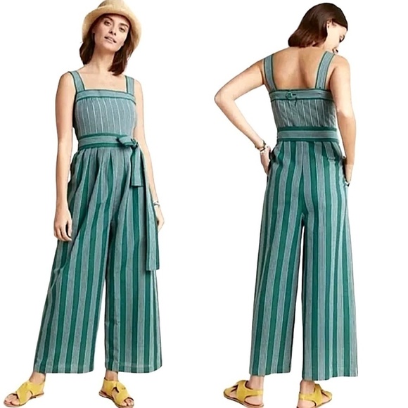 ANTHROPOLOGIE Payal Pratap Cha Cha Green Stripe Linen Wide Leg Crop Jumpsuit - Picture 1 of 14
